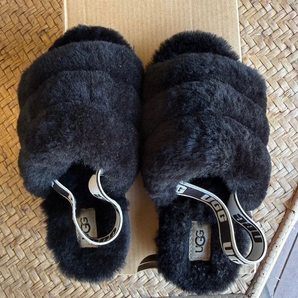 UGG T Fluff Yeah Slide Black Sheepskin Elastic Strap Kids Toddler 12 1098579T